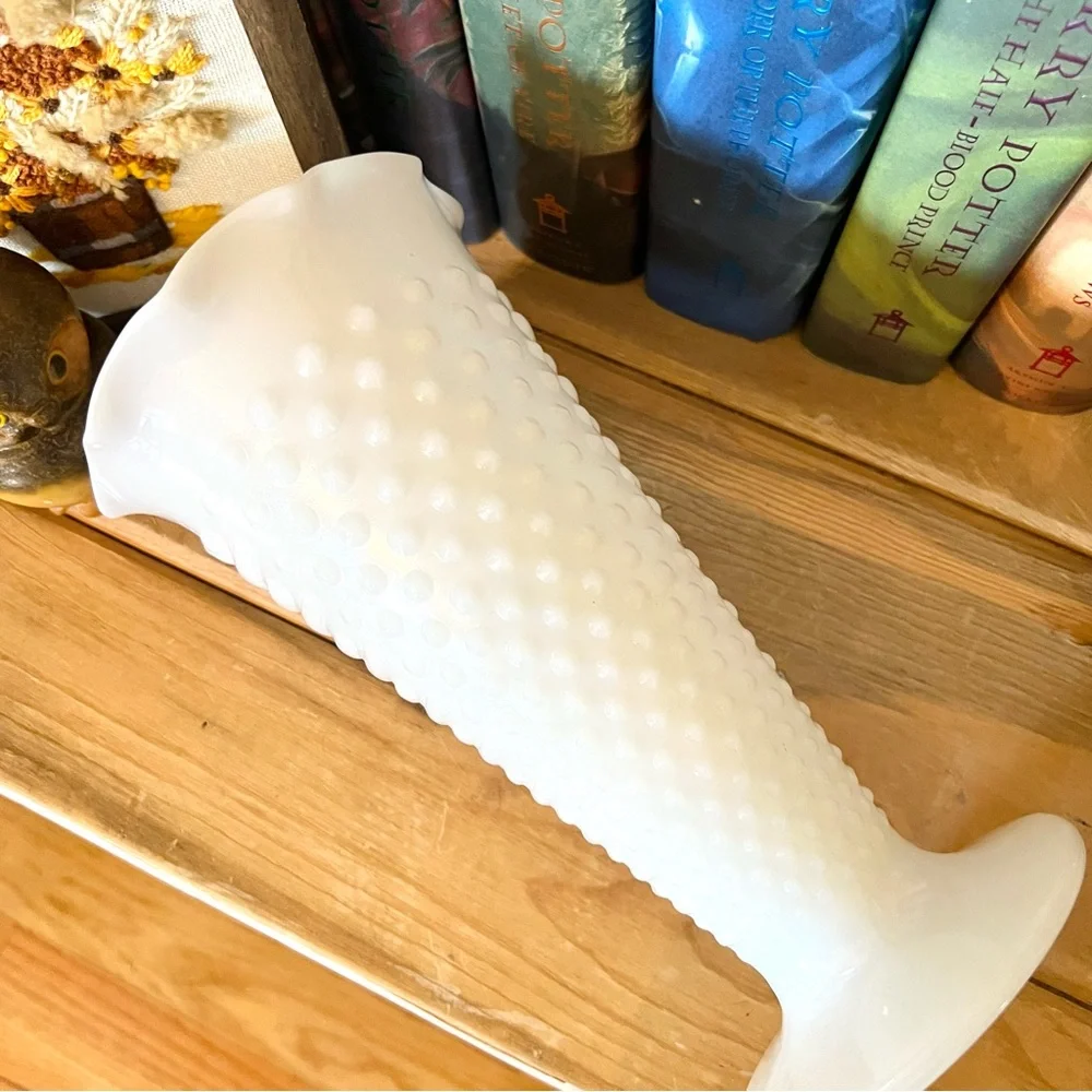 Vintage Fire King Dots and Dash 9” Tall Milkglass Vase- Mid Century Mod